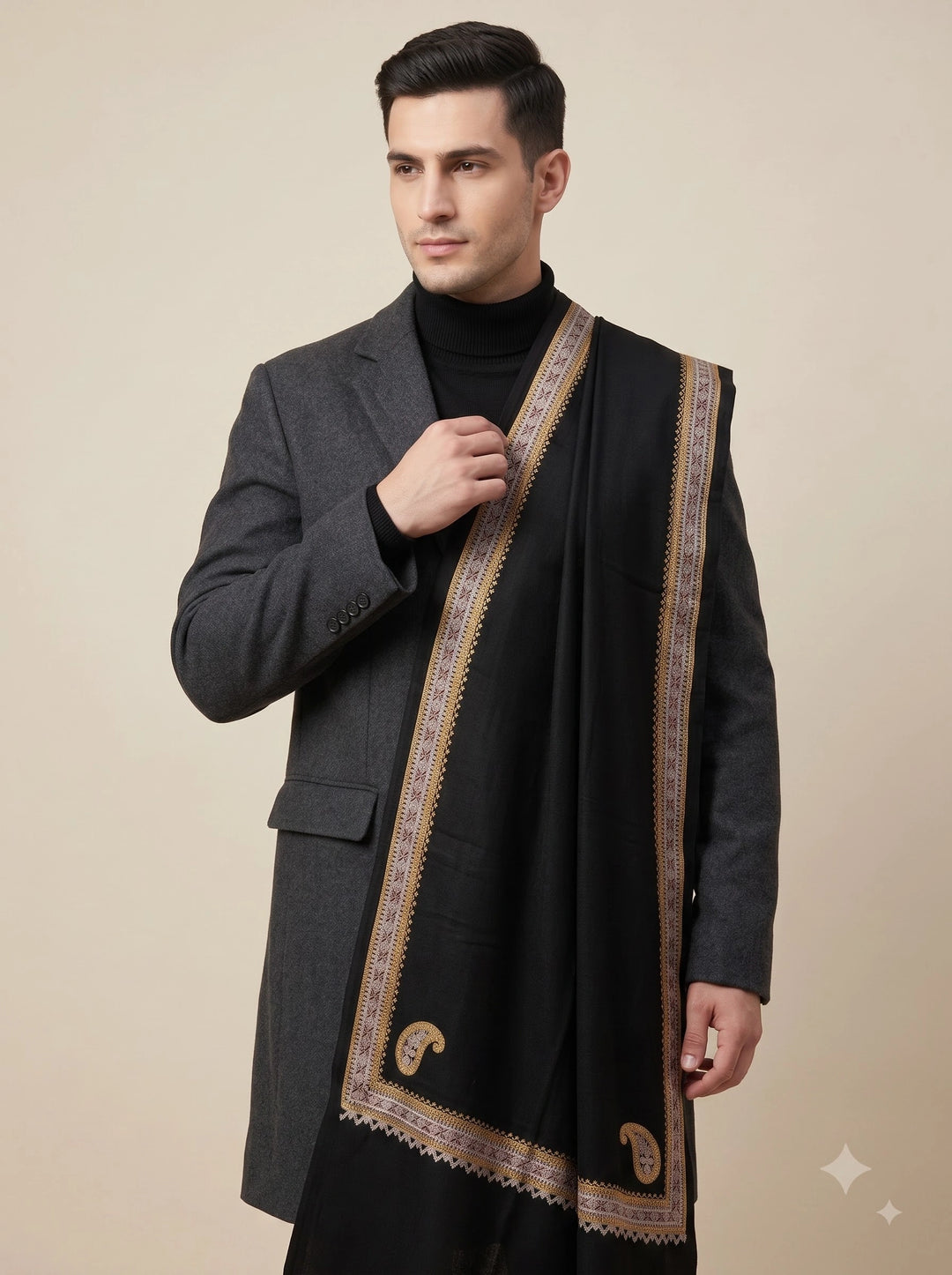 Black Cashmere Wool Embroidered Stole with Paisley Border