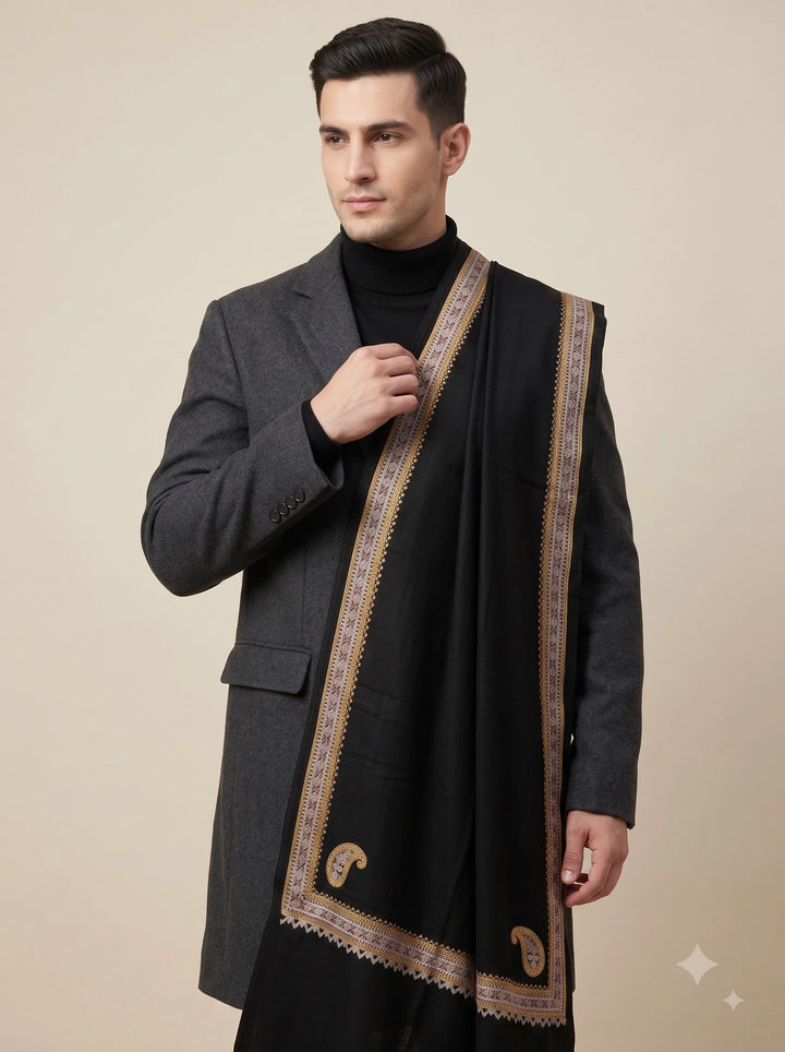 Black Cashmere Wool Embroidered Stole with Paisley Border