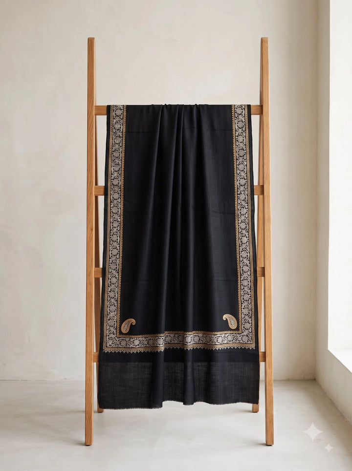 Black Cashmere Wool Embroidered Stole with Paisley Border