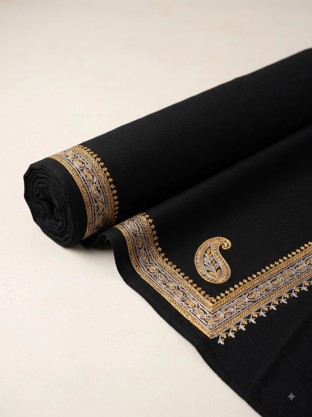 Black Cashmere Wool Embroidered Stole with Paisley Border