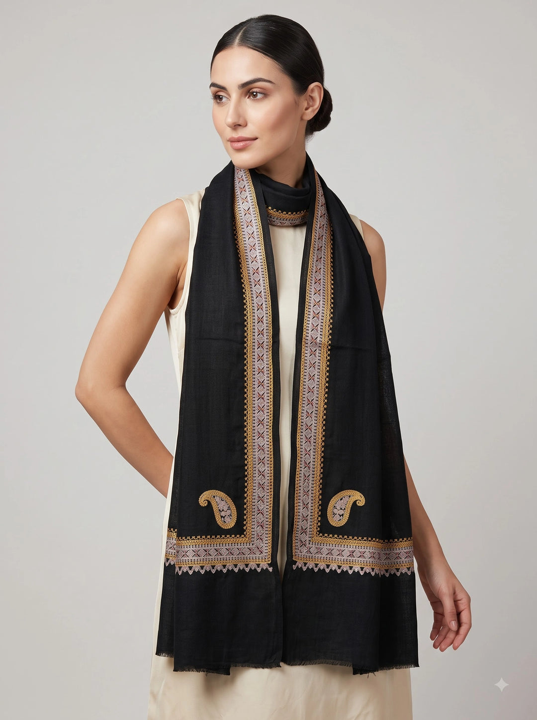 Black Cashmere Wool Embroidered Stole with Paisley Border