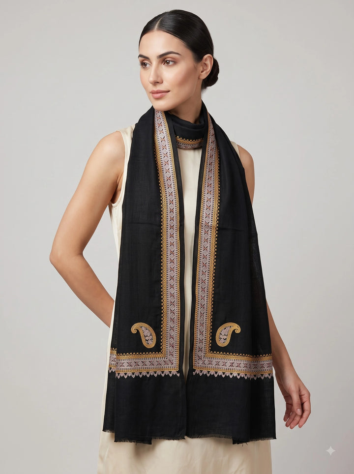 Black Cashmere Wool Embroidered Stole with Paisley Border