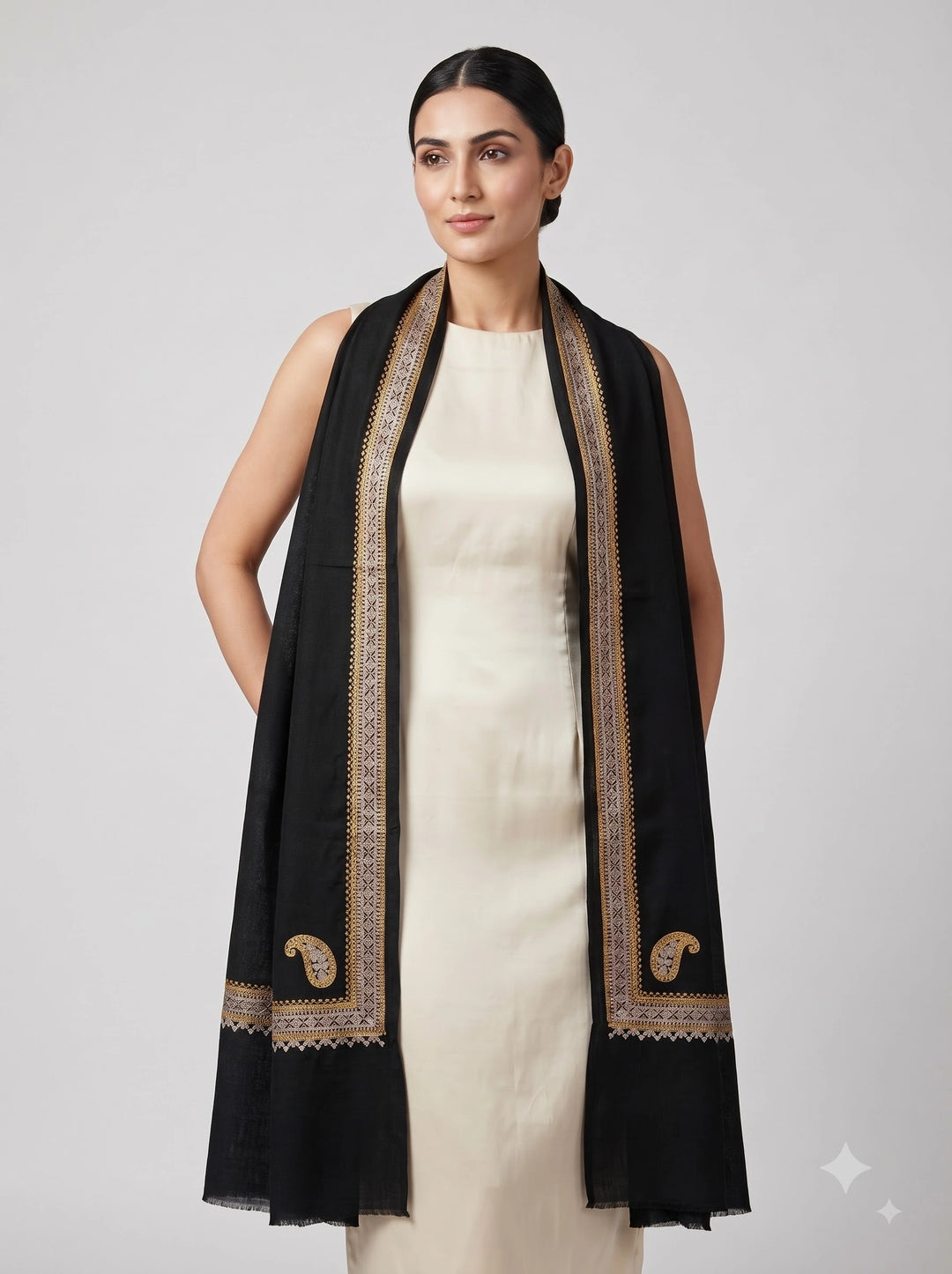 Black Cashmere Wool Embroidered Stole with Paisley Border