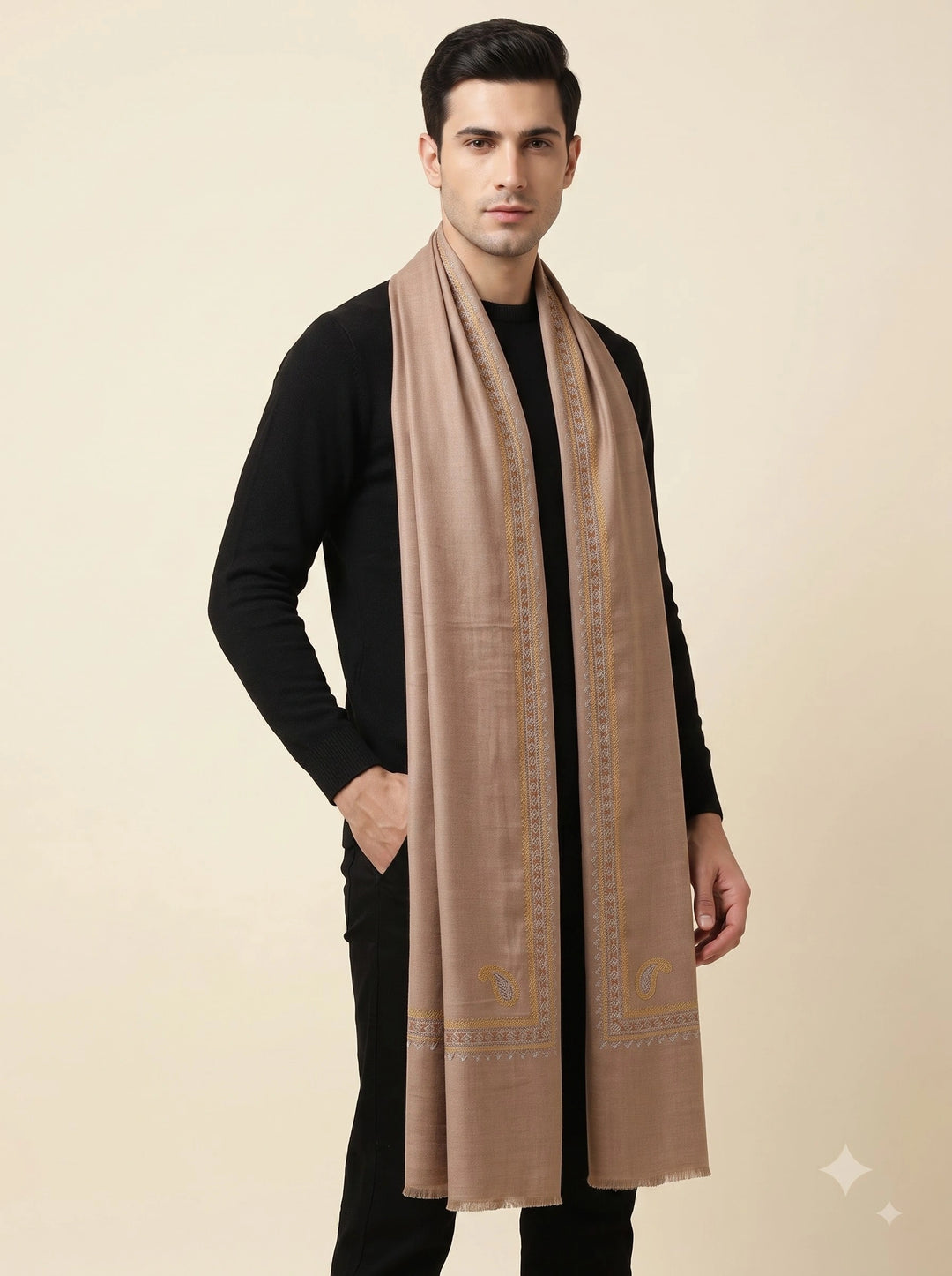 Beige Cashmere Wool Embroidered Stole with Paisley Border