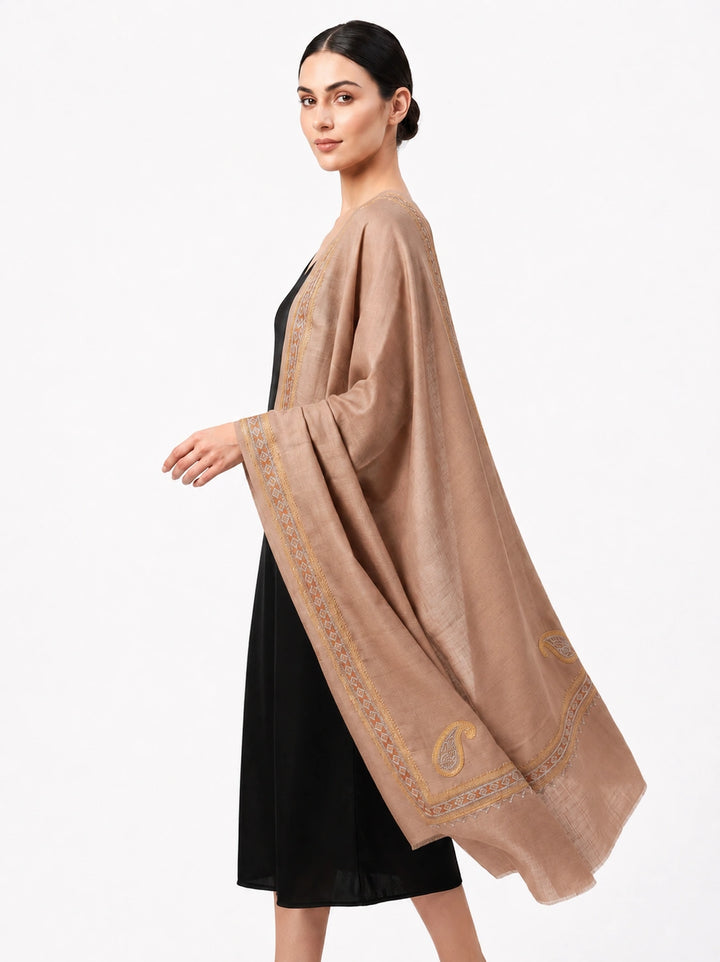 Beige Cashmere Wool Embroidered Stole with Paisley Border