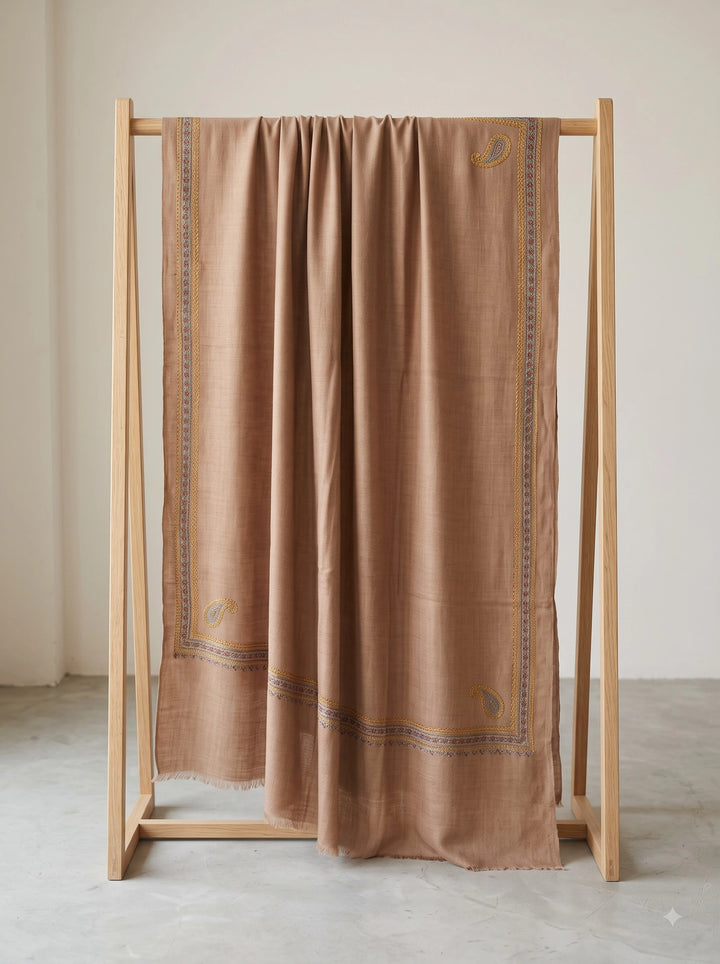 Beige Cashmere Wool Embroidered Stole with Paisley Border