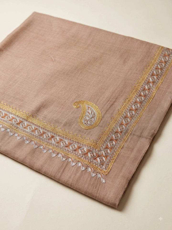 Beige Cashmere Wool Embroidered Stole with Paisley Border
