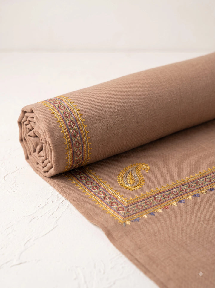 Beige Cashmere Wool Embroidered Stole with Paisley Border