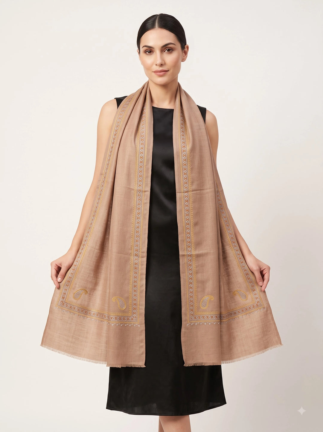 Beige Cashmere Wool Embroidered Stole with Paisley Border