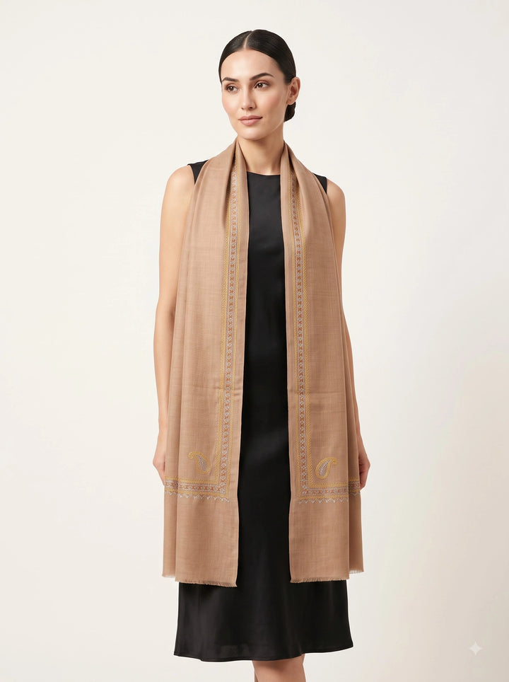 Beige Cashmere Wool Embroidered Stole with Paisley Border