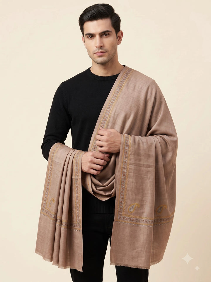 Beige Cashmere Wool Embroidered Stole with Paisley Border