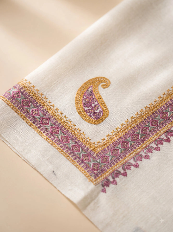 Ivory Cashmere Wool Embroidered Stole with Paisley Border