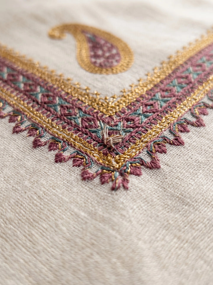 Ivory Cashmere Wool Embroidered Stole with Paisley Border