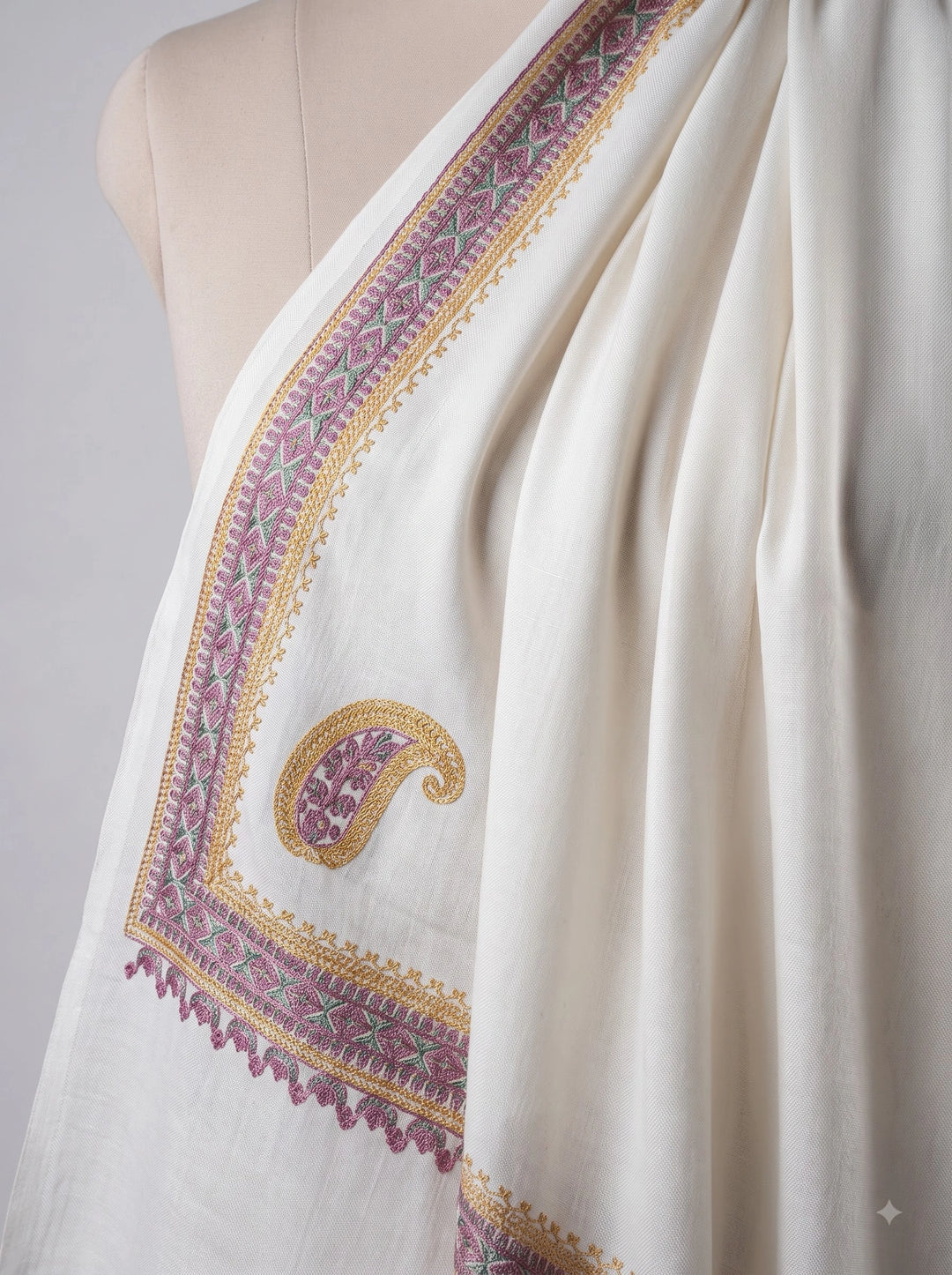 Ivory Cashmere Wool Embroidered Stole with Paisley Border