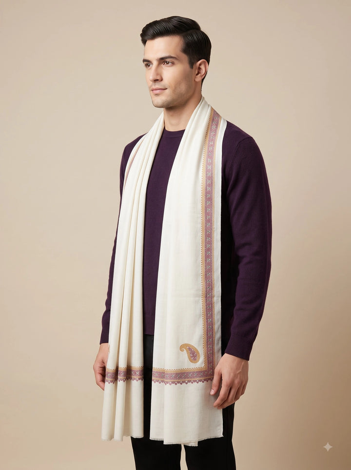 Ivory Cashmere Wool Embroidered Stole with Paisley Border