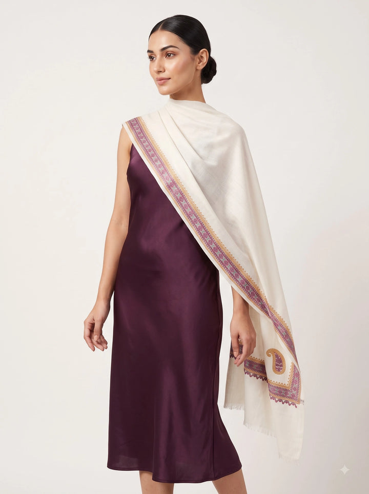 Ivory Cashmere Wool Embroidered Stole with Paisley Border