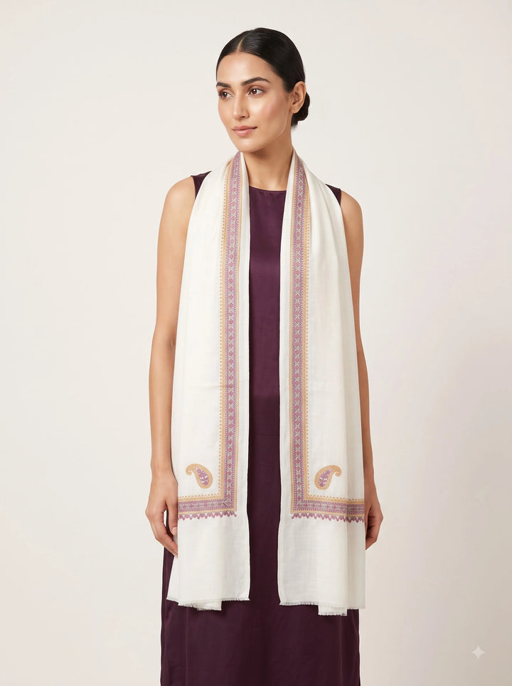 Ivory Cashmere Wool Embroidered Stole with Paisley Border