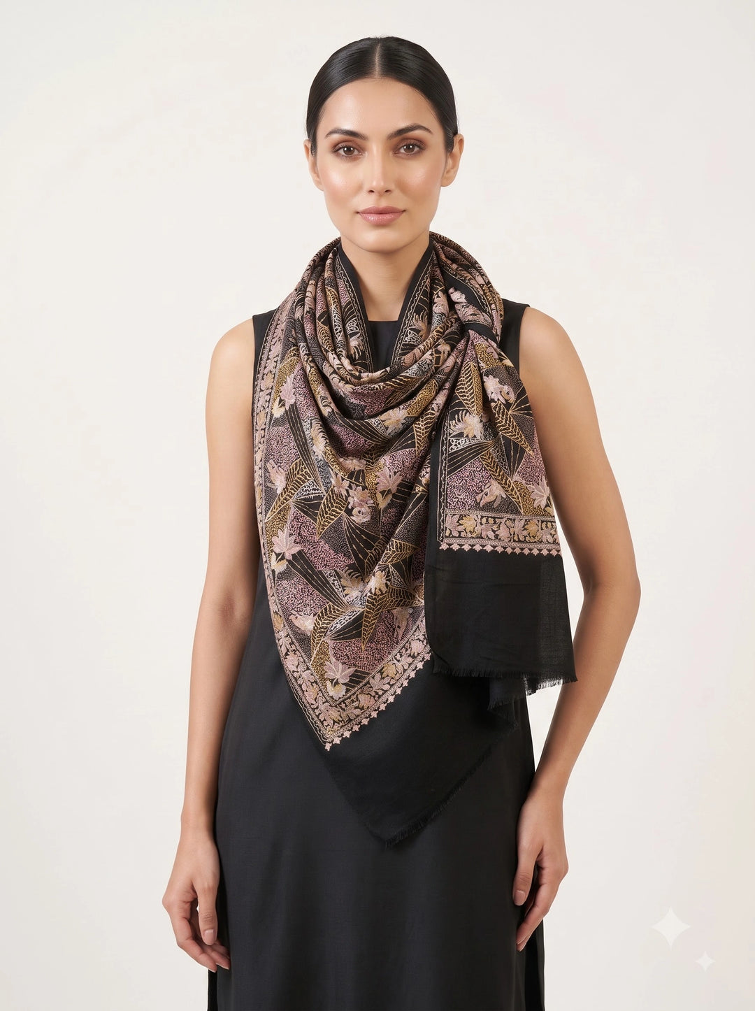 Black Cashmere Wool Embroidered Stole with Floral Geo Design