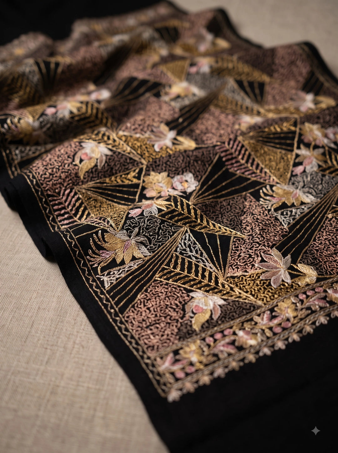 Black Cashmere Wool Embroidered Stole with Floral Geo Design
