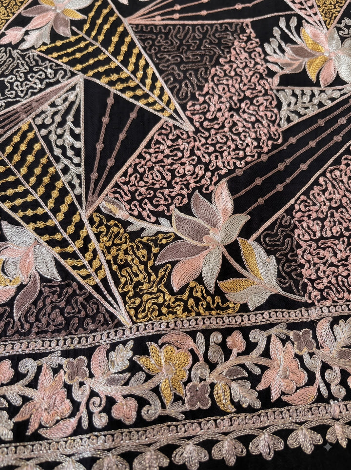 Black Cashmere Wool Embroidered Stole with Floral Geo Design