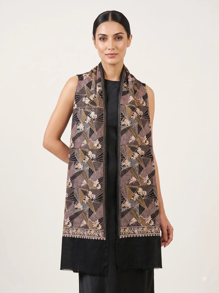 Black Cashmere Wool Embroidered Stole with Floral Geo Design