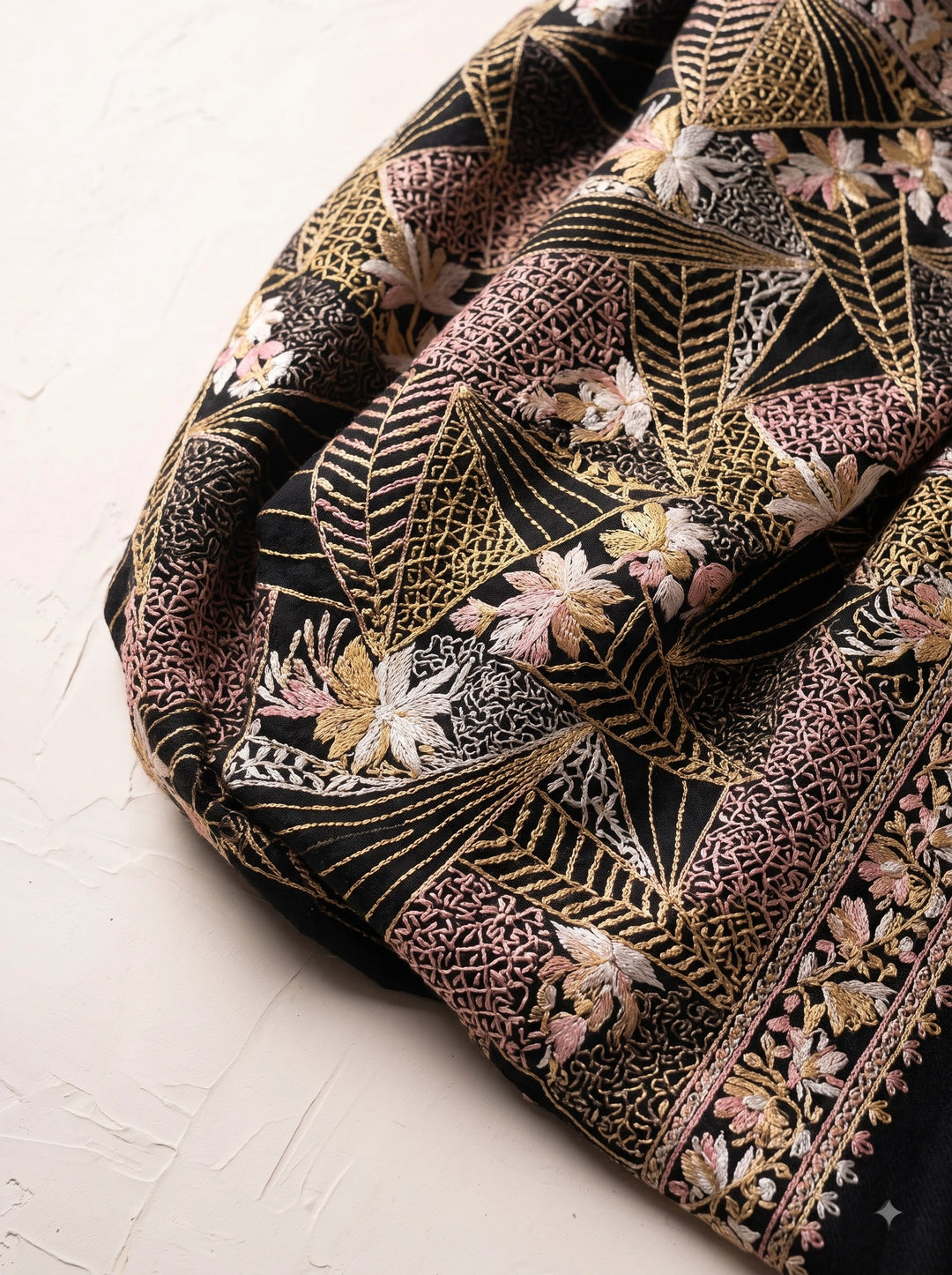 Black Cashmere Wool Embroidered Stole with Floral Geo Design