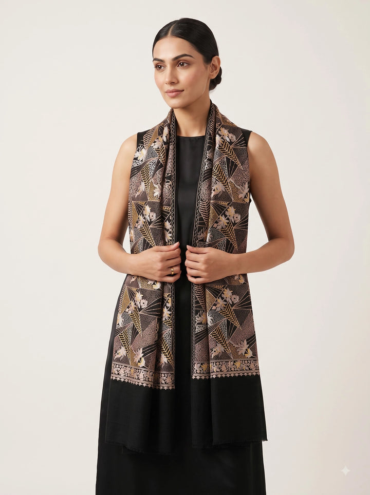 Black Cashmere Wool Embroidered Stole with Floral Geo Design