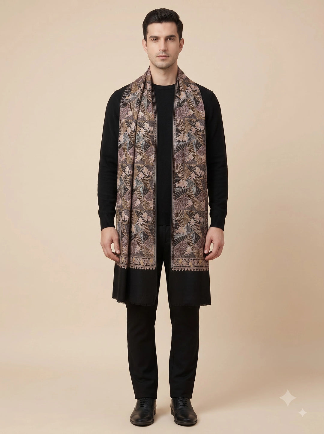 Black Cashmere Wool Embroidered Stole with Floral Geo Design