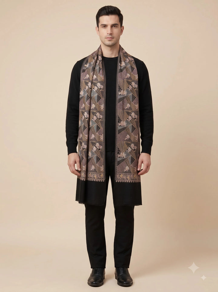 Black Cashmere Wool Embroidered Stole with Floral Geo Design