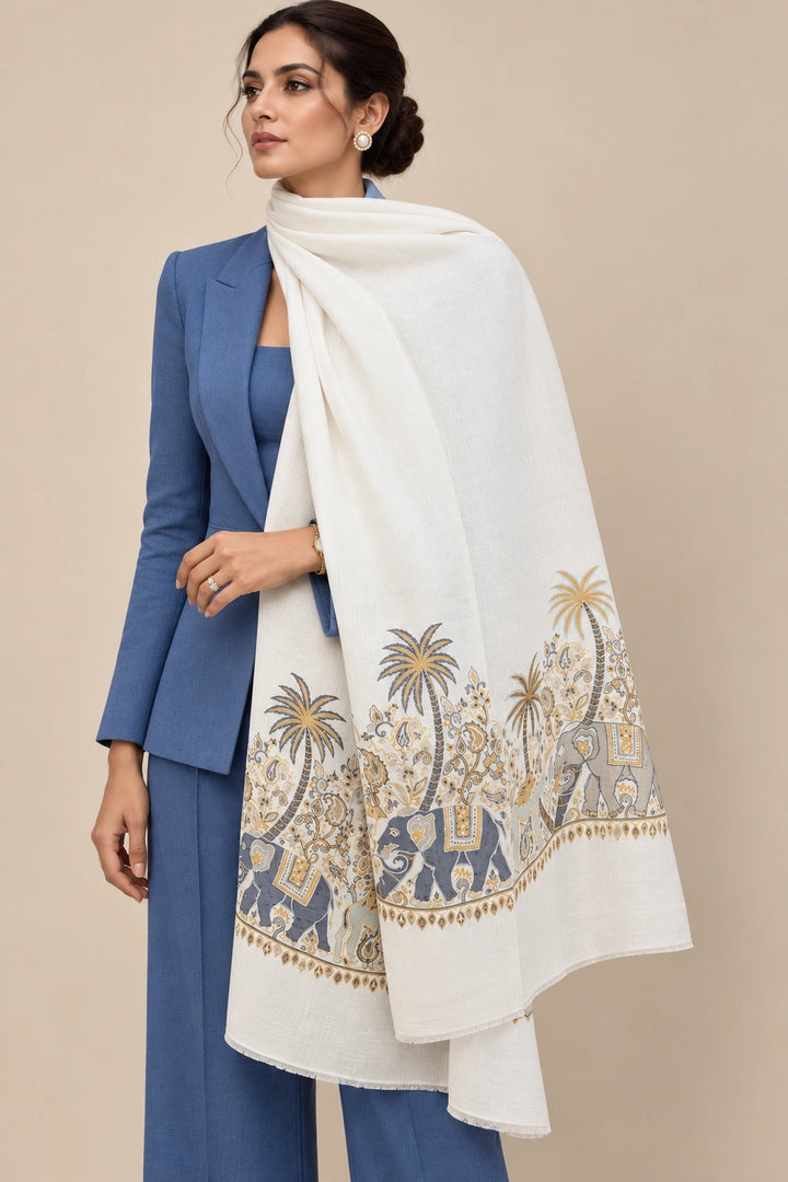 White Cashmere Wool Stole with Elephant Palm Motif Border