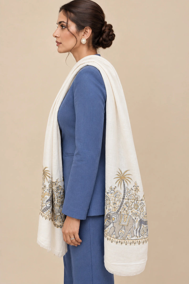 White Cashmere Wool Stole with Elephant Palm Motif Border