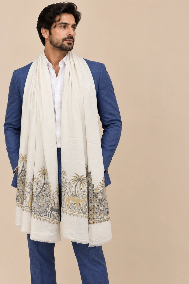 White Cashmere Wool Stole with Elephant Palm Motif Border
