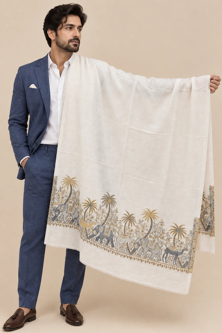 White Cashmere Wool Stole with Elephant Palm Motif Border