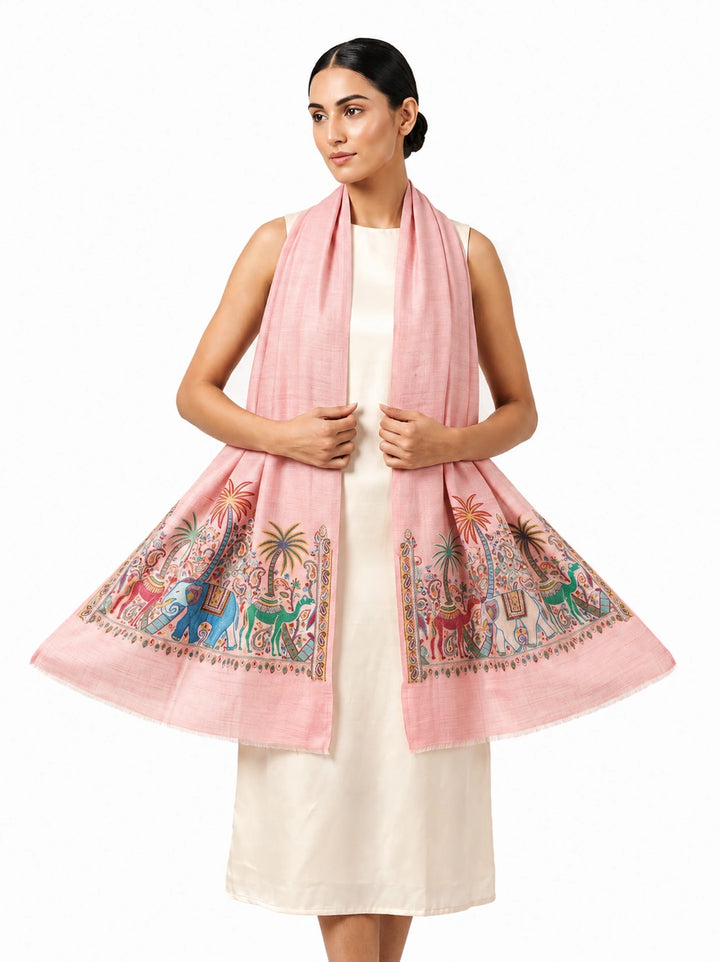 Pink Cashmere Wool Stole with Elephant Palm Motif Border
