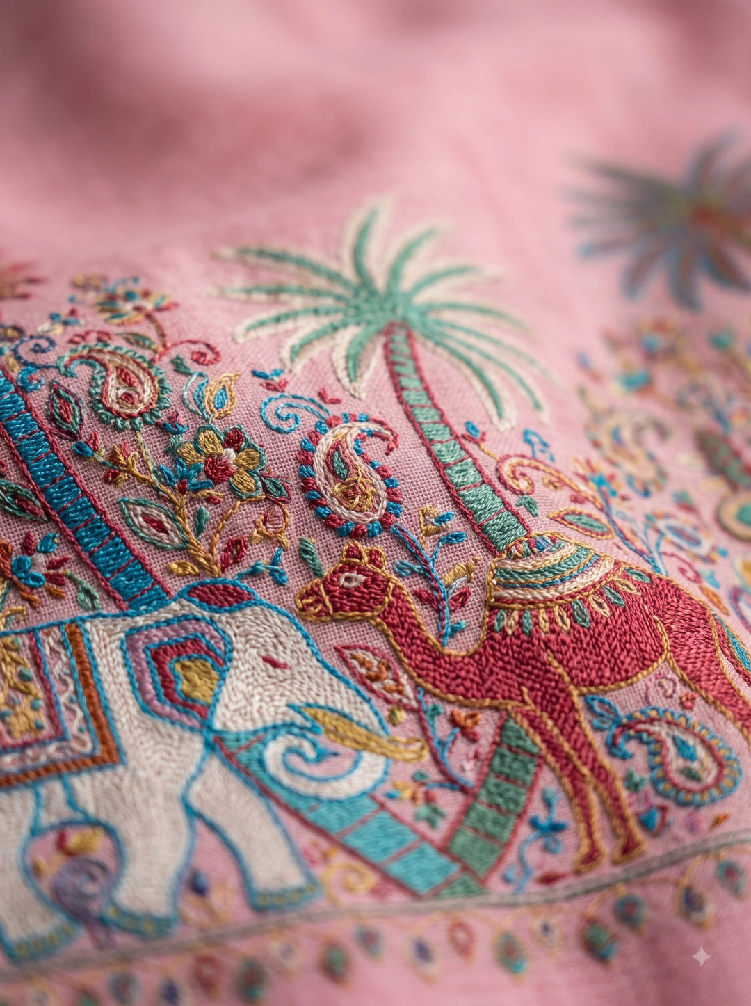 Pink Cashmere Wool Stole with Elephant Palm Motif Border