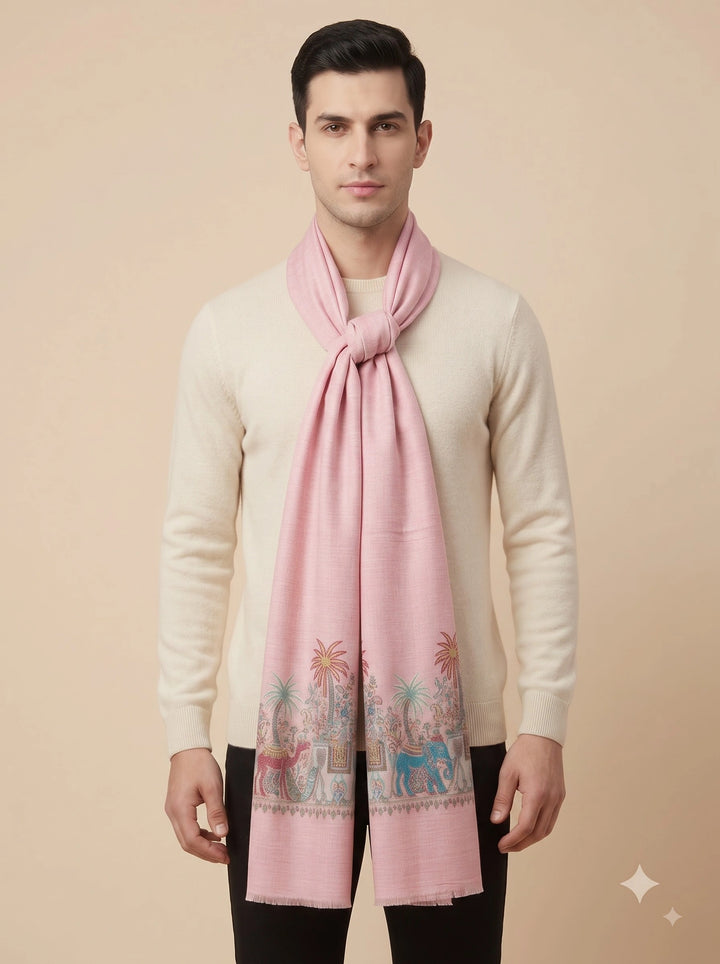 Pink Cashmere Wool Stole with Elephant Palm Motif Border