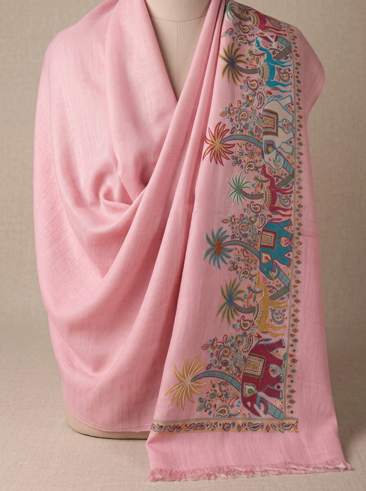 Pink Cashmere Wool Stole with Elephant Palm Motif Border