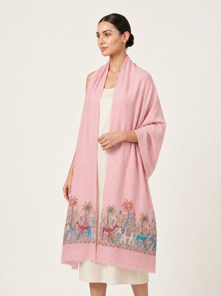 Pink Cashmere Wool Stole with Elephant Palm Motif Border
