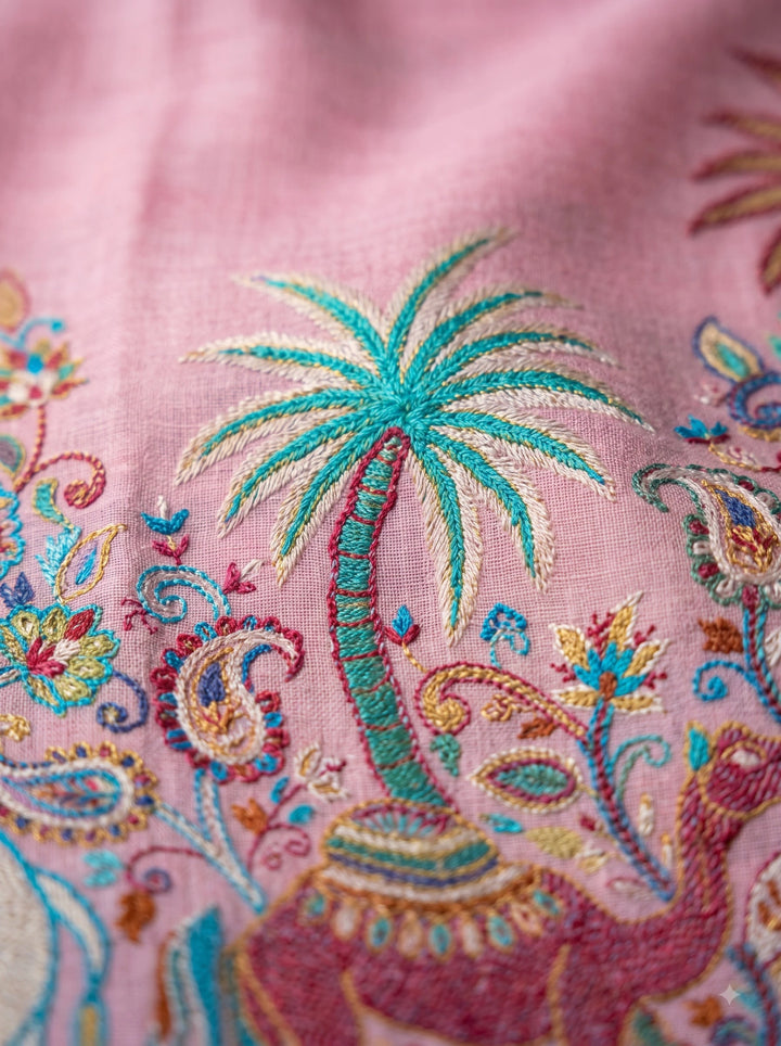 Pink Cashmere Wool Stole with Elephant Palm Motif Border