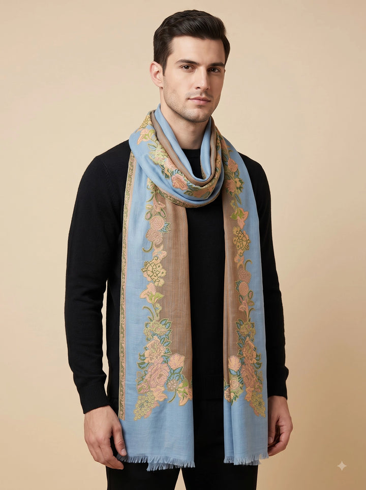Gold Zari Cashmere Wool Stole with Floral Blue Border