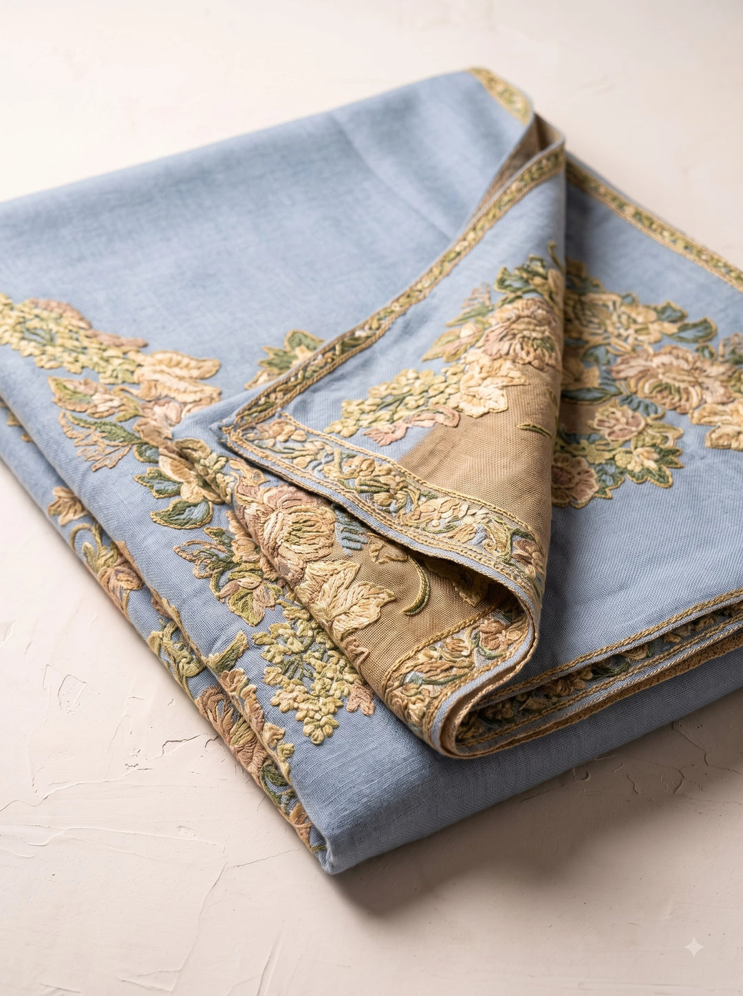 Gold Zari Cashmere Wool Stole with Floral Blue Border