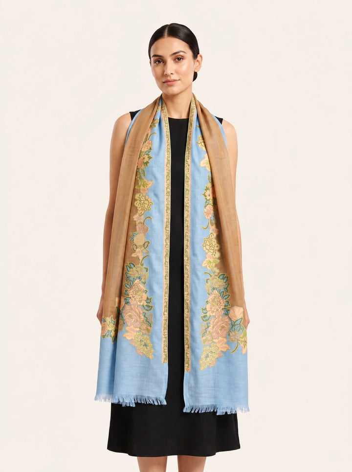 Gold Zari Cashmere Wool Stole with Floral Blue Border