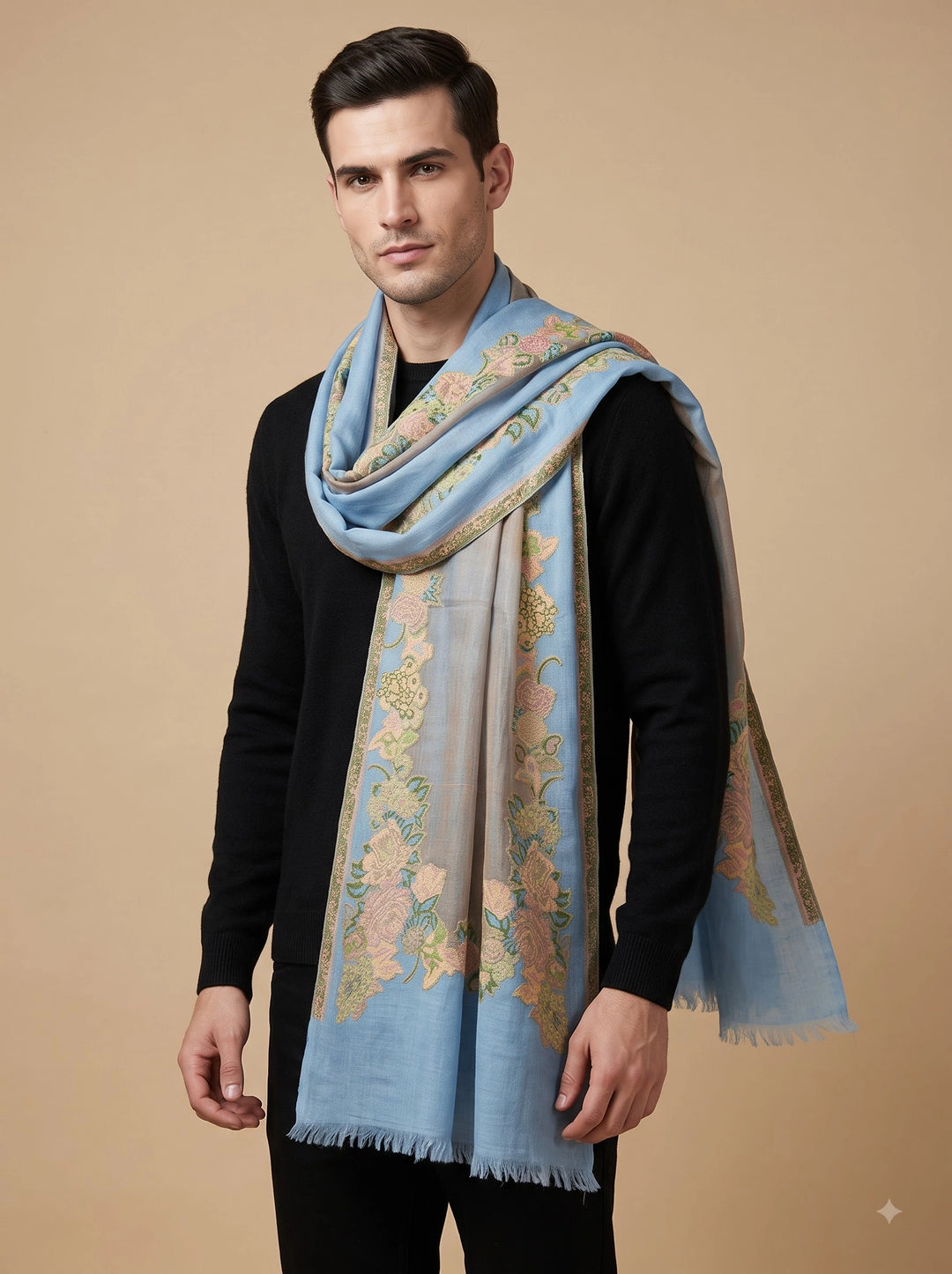 Gold Zari Cashmere Wool Stole with Floral Blue Border