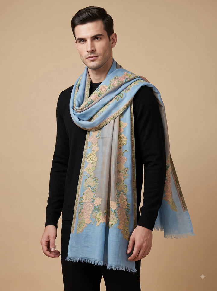 Gold Zari Cashmere Wool Stole with Floral Blue Border