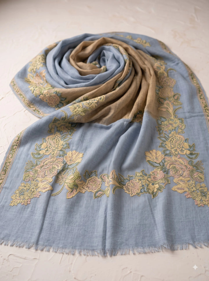 Gold Zari Cashmere Wool Stole with Floral Blue Border