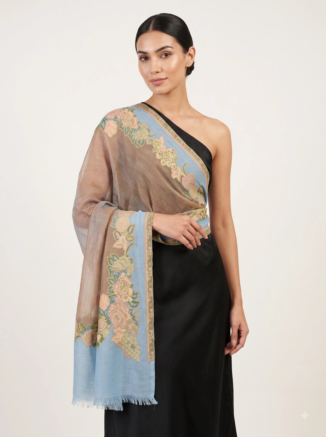 Gold Zari Cashmere Wool Stole with Floral Blue Border