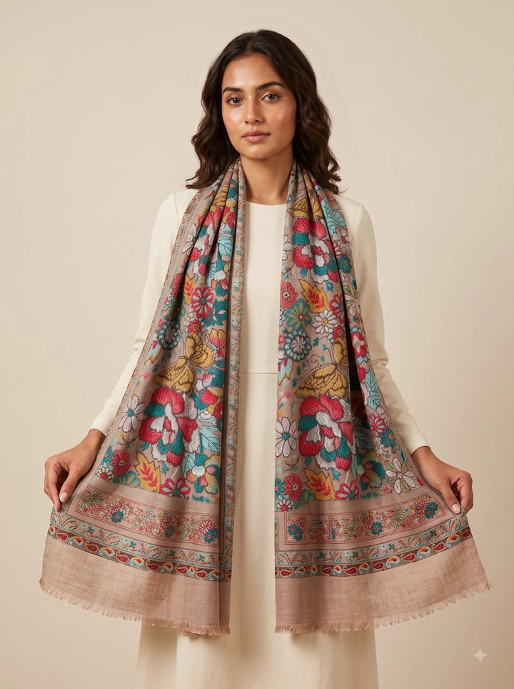 Beige Cashmere Wool Stole with Multicolour Floral Design