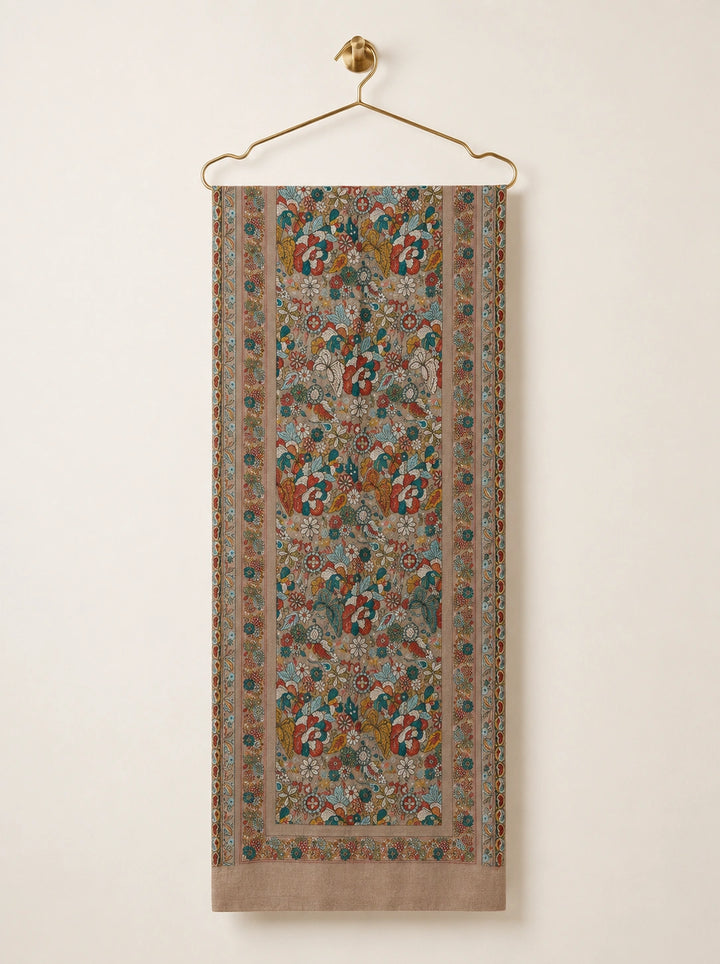 Beige Cashmere Wool Stole with Multicolour Floral Design