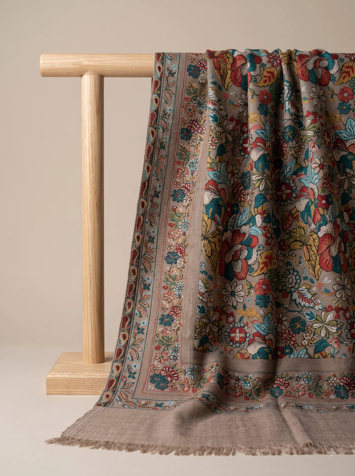 Beige Cashmere Wool Stole with Multicolour Floral Design