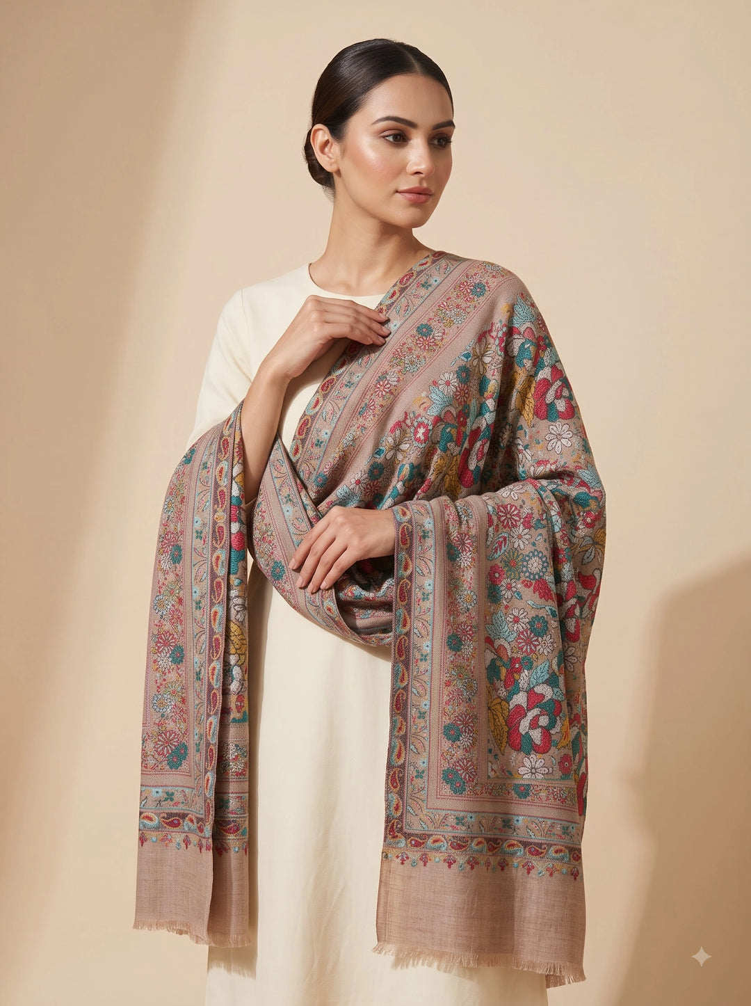 Beige Cashmere Wool Stole with Multicolour Floral Design